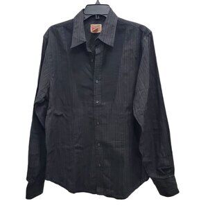 Vintage Red Men's Black Pinstripe Textured Velvet Design Long Sleeve Button Up L
